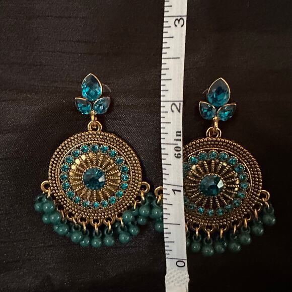 Bollywood Desi Boho Jhumka Oxidized Gold Tone with Dark Teal Accents Earrings - Picture 3 of 4